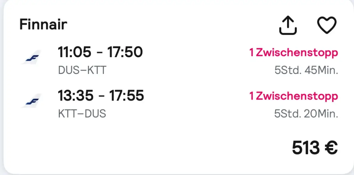 Finnair Economy-Flugpreis 513 Euro
