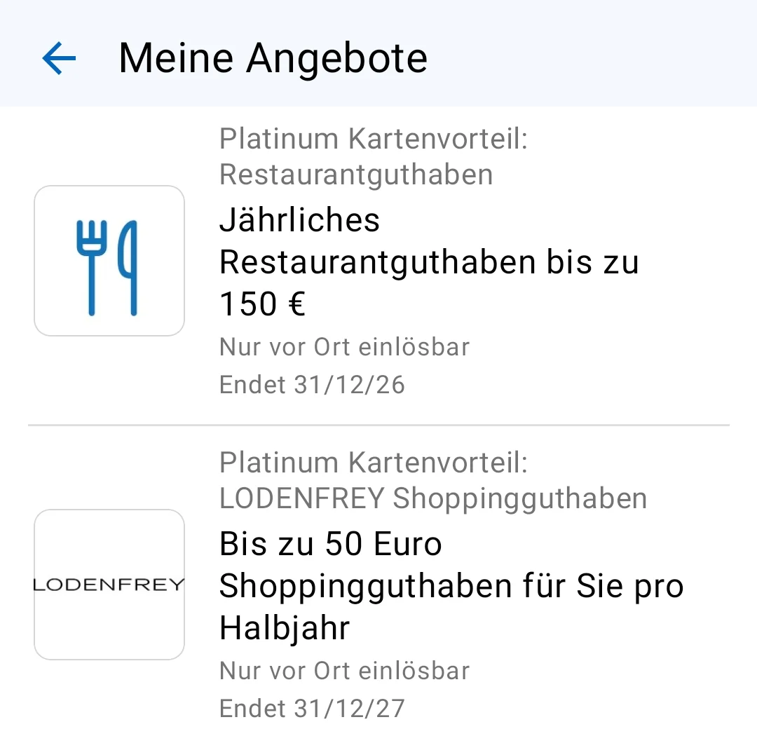 Kartenvorteile der Amex Platinum in der App: Restaurantguthaben bis 150 Euro und LODENFREY-Shoppingguthaben bis 50 Euro pro Halbjahr