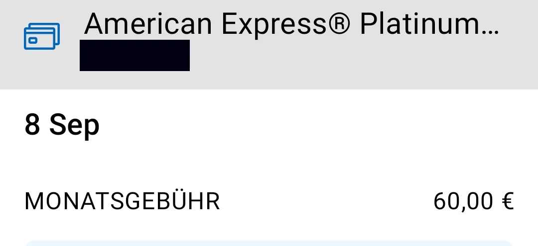 Abrechnung der Amex Platinum Card in der App mit 60,00 Euro Monatsgebühr