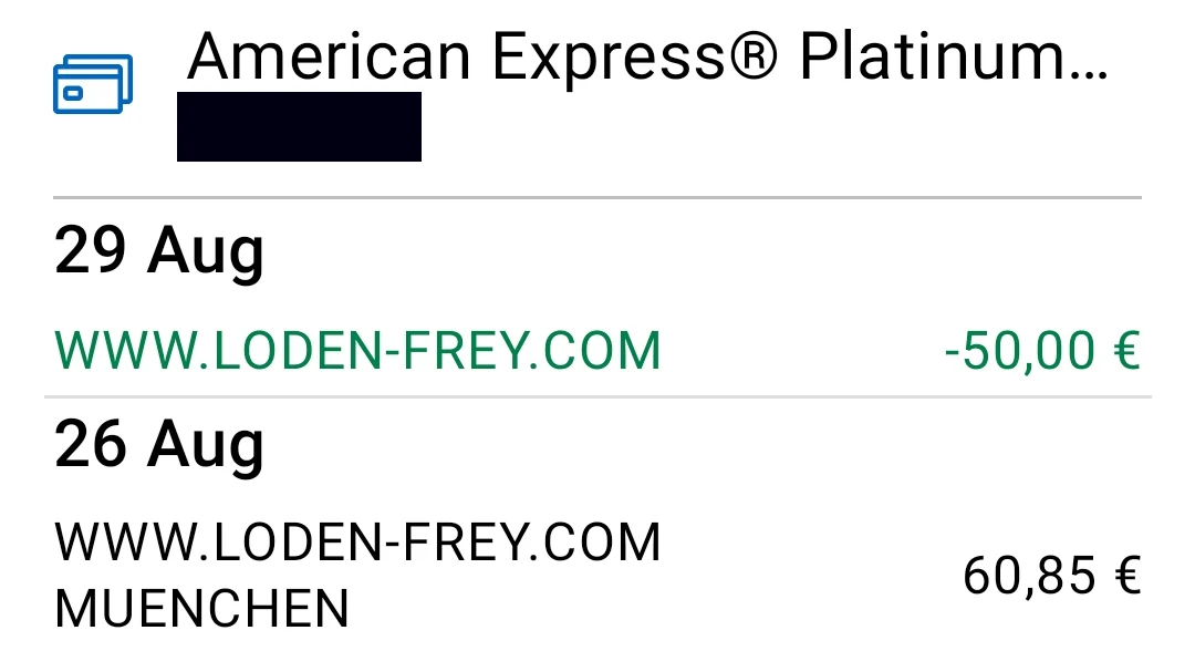 Kartenkonto der Amex Platinum mit einem Einkauf bei LODENFREY und der Gutschrift von 50 Euro drei Tage später
