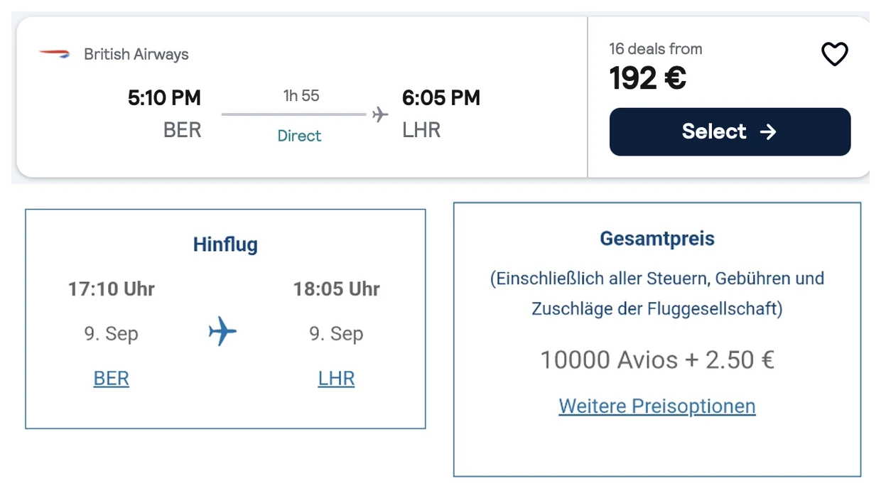 Suchergebnis British Airways: Berlin nach London für Reiseguthaben im Wert von 10.000 Punkten plus 2,50 Euro statt 192 Euro