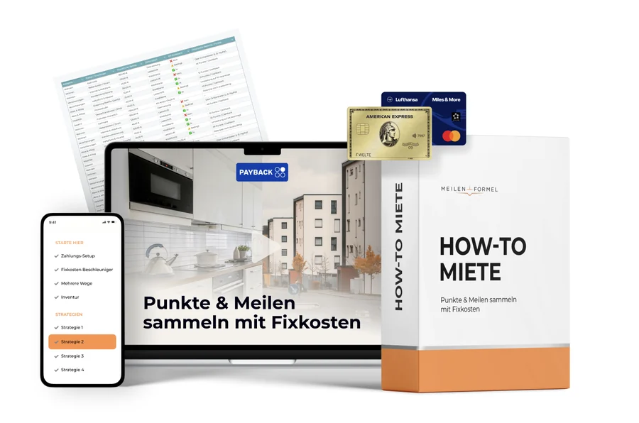 Das How-to Miete System der Meilen-Formel: Kursbox, Laptop mit der Fixkosten-Übersicht und Smartphone mit den Strategien